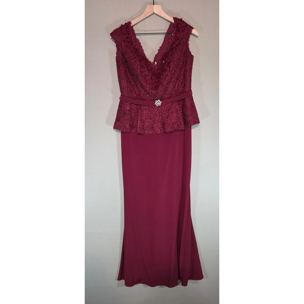 MGNY Madeline Gardner Burgundy Lace Sequin Peplum Evening Gown Dress Wine Red 12